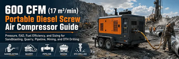600 CFM (17 m³/min) Portable Diesel Screw Air Compressor Guide: Pressure, FAD, Fuel Efficiency, and Sizing for Sandblasting, Quarry, Pipeline, Mining, and DTH Drilling