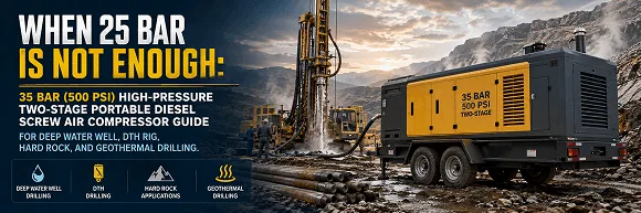 When 25 Bar Is Not Enough: 35 Bar (500 PSI) High-Pressure Two-Stage Portable Diesel Screw Air Compressor Guide for Deep Water Well, DTH Rig, Hard Rock, and Geothermal Drilling
