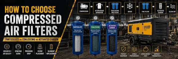 How to Choose Compressed Air Filters for Industrial Air Systems: Particulate vs Coalescing vs Activated Carbon, ISO 8573-1 Air Quality, Micron Rating, CFM/FAD, Pressure Drop, Oil & Water Removal, Filter Placement, and Element Replacement