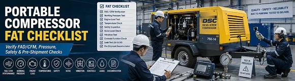 Portable Compressor Factory Acceptance Test (FAT) Checklist: How to Verify FAD/CFM, Working Pressure, Engine Load, Temperatures, Safety, Noise, Vibration, Controls, Leaks, and Pre-Shipment Documentation