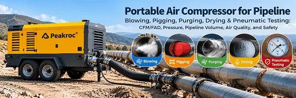Portable Air Compressor for Pipeline Blowing, Pigging, Purging, Drying & Pneumatic Testing: CFM/FAD, Pressure, Pipeline Volume, Air Quality, and Safety